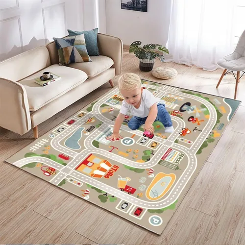 Vista 2 de Alfombra de juego para autos de juguete, alfombra para niños con carreteras para sala de juegos, alfombra de carretera de la vida urbana