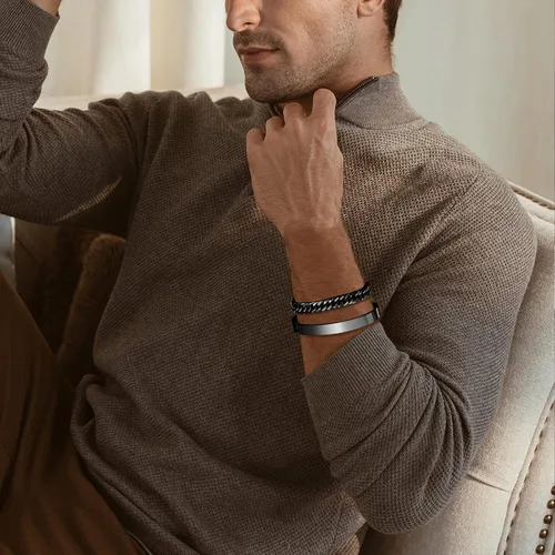 Vista 2 de XUANPAI Pulseras de plata personalizadas para hombre, 2 pulseras de acero inoxidable con eslabones cubanos para hombre, joyería de regalo para papá