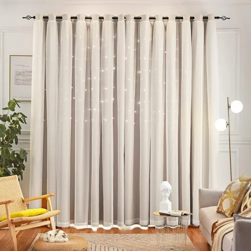 Vista 2 de Loyala Cortinas opacas de doble capa con diseño de estrellas para dormitorio de niños, bonitas, 63 pulgadas de largo, juego de 2 paneles, beige, 42