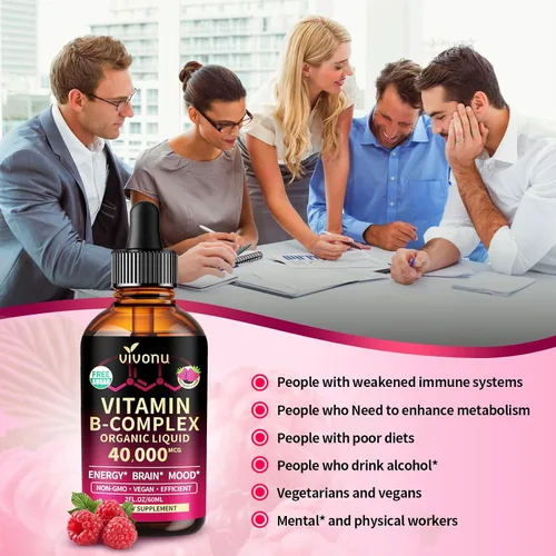 Vista 5 de VivoNu Gotas líquidas de complejo de vitamina B, vitamina B12 metilada de 6000 mcg, B1, B6, B3, B5, B2, folato, biotina con vitamina C D A E