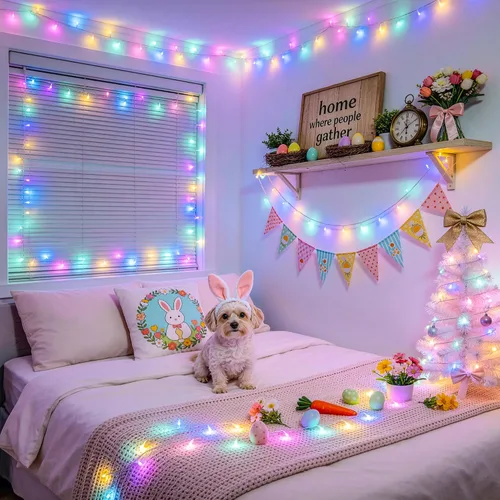 Vista 7 de JMEXSUSS 200 luces LED de Pascua al aire libre e interior para decoraciones, 66 pies conectables pastel luces de Pascua cadena de alambre