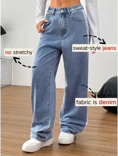 Vista 4 de Pantalones de mezclilla holgados para mujeres y hombres, pantalones de mezclilla de pierna recta, pantalones de mezclilla a rayas de pierna ancha