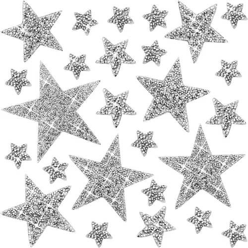 Vista 10 de Ximalun 37 parches de estrellas de 6 tamaños para planchar, apliques de estrella con diamantes de imitación, parches adhesivos para planchar en Negro