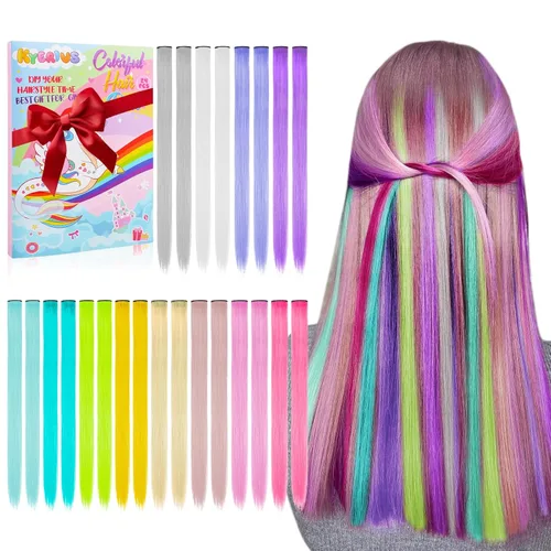Vista 11 de Kyerivs 48 extensiones de cabello con clip de colores, regalo para niñas, extensiones de cabello arcoíris de 20 pulgadas para niñas, accesorios