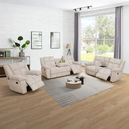 Vista 7 de Juego de sofá reclinable manual de pana extragrande para sala de estar, juego de sofá de pana con mesa desplegable y portavasos para Beige