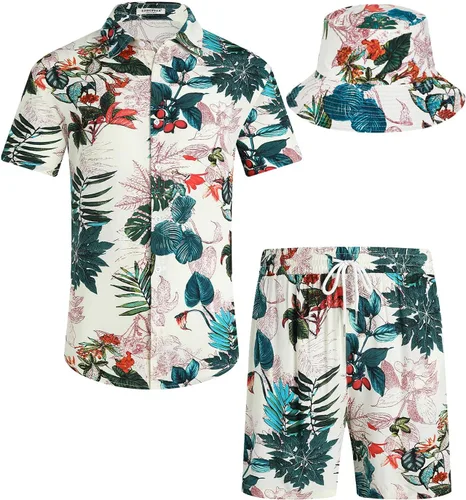 Vista 6 de EISHOPEER Conjunto hawaiano de flores para hombre, camisa de manga corta y pantalones cortos, trajes con sombreros de pescador