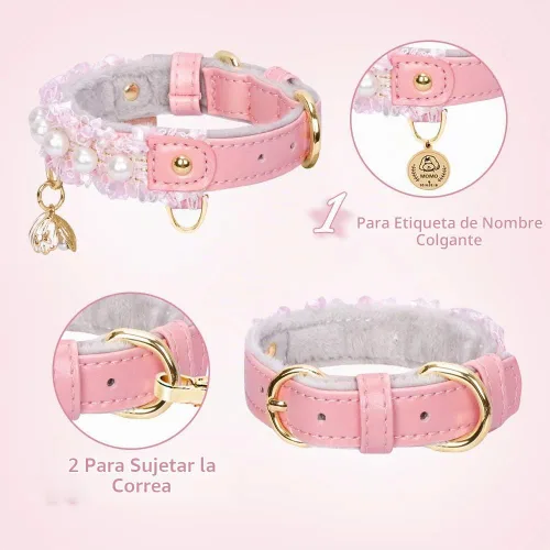 Vista 3 de Collar Premium de Cuero PU para Gato y Perro con Colgante de Concha - Ajustable, Perla Linda, Encaje Hermoso, Rosa Pequeña