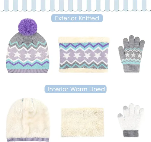 Vista 3 de Conjunto de gorro de invierno para niños y niñas de 2 a 7 años, gorro con pompón, forro polar