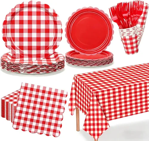 Vista 9 de Suministros de fiesta de cuadros verdes, incluyen platos de papel festoneado desechables de 9 y 7 pulgadas, servilletas, vasos, tenedores, manteles