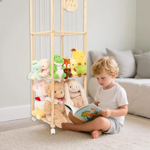 Vista 4 de Organizador de zoológico de almacenamiento de animales de peluche, soporte alto de torre de madera para juguetes de peluche grandes, exhibición