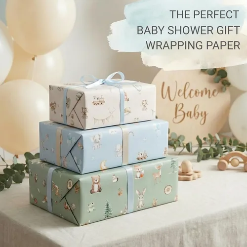 Vista 5 de ZICOTO Hermoso rollo de papel de regalo para baby shower, bonito juego de 3 rollos de calidad para cumpleaños de niños y baby showers, añade un