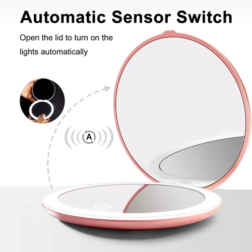 Vista 11 de Espejo compacto con iluminación LED, espejo de maquillaje de viaje de aumento 1X/5X de 4 pulgadas, espejo compacto portátil recargable con luz