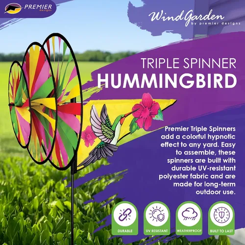 Vista 2 de Premier Kites Colibrí triple giratorio – Llamativo giratorio de jardín con ruedas triples coloridas, tela duradera resistente a la intemperie, fácil