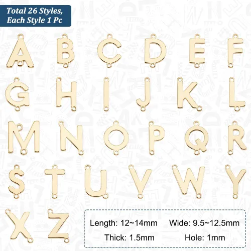 Vista 2 de PH PandaHall 26 estilos chapados en oro de 18 quilates, eslabones del alfabeto de latón, colgantes de letras mayúsculas A-Z para aretes, collares