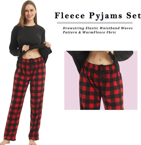 Vista 4 de YUSHOW Pijamas a juego para parejas, conjunto de pijama a cuadros para mujeres y hombres, conjunto de camisa de forro polar suave y cálido