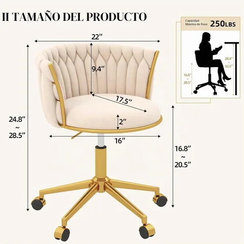Vista 2 de Silla de escritorio moderna de terciopelo con ruedas, hermosa silla de tocador para niñas, color beige