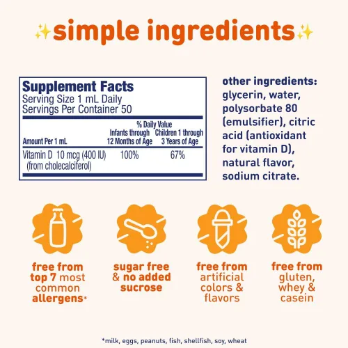 Vista 2 de Enfamil D-Vi-Sol Suplemento líquido de vitamina D gotas para bebés, apoyo a dientes y huesos fuertes en bebés recién nacidos, fácil de usar, sin