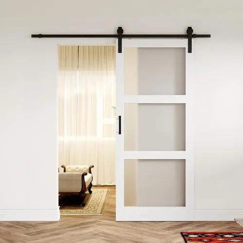 Vista 10 de Puerta corrediza de granero con espejo de 3 paneles de 36 x 84 pulgadas, kit de herramientas incluido, requiere montaje, superficie de PVC a prueba