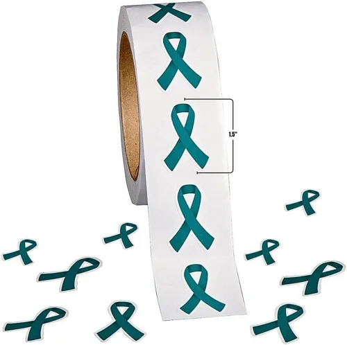 Vista 2 de Fun Express - Adhesivos de cinta Awareness Teal 500pc - Papelería - Pegatinas - Pegatinas - Rollo - 1 pieza