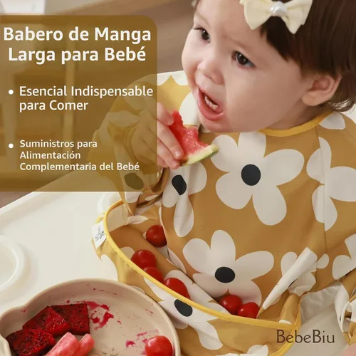 Vista 3 de Babero de manga larga para bebé, tela impermeable, bolsillo recolector, babero delantal para bebé, mangas ajustables