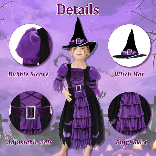 Vista 2 de Kitimi Carnival Costume for Girls, Girls Witch Costume, Kids Toddler Halloween Costume, Kids Girls Witch Costume for Party
