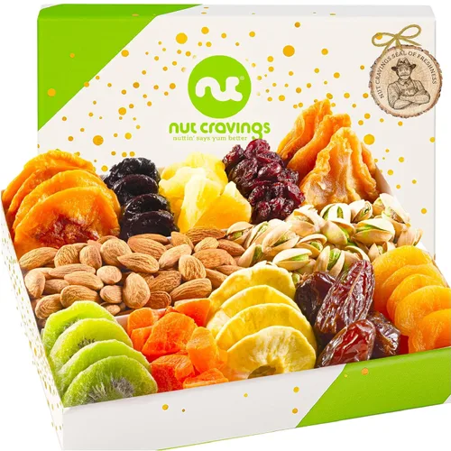 Vista 15 de NUT CRAVINGS - Cesta de regalo con arreglo floral de frutas secas navideñas en cesta de regalo de madera en forma de manzana + bandeja (9 surtido)