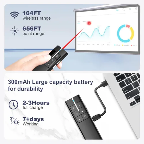 Vista 4 de Air Mouse - Clicker de presentación con puntero, clicker recargable para presentaciones de PowerPoint, PowerPoint Clicker, control remoto de Negro