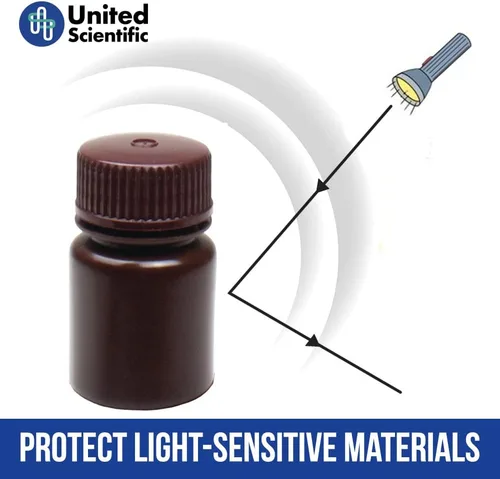 Vista 5 de United Scientific® - Recipientes de muestra con tapas - Botella de reactivo de boca ancha de HDPE ámbar - Contenedor químico - Botellas de plástico