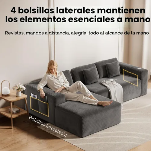 Vista 7 de CAMMOO Sofá Seccional Cloud de 108" en Una Caja, Sofá Seccional Modular Comprimido con Asiento Profundo, Sofás de Pana Sin Huesos, Sofá