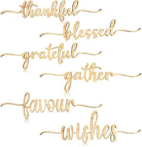 Vista 14 de 12 piezas de letreros de madera con palabras navideñas recortadas "Joyful Merry Thankful Grateful Blessed Peace Gather" para decoración de plato