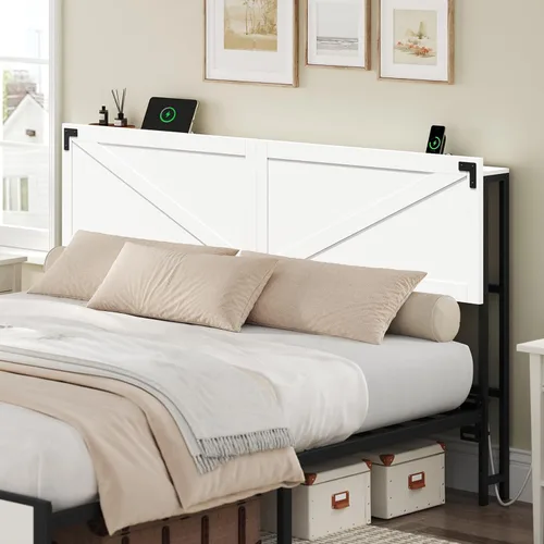 Vista 10 de MAHANCRIS Cabecera Solo Tamaño Queen, Cabecera con 2 Tomacorrientes y 4 Puertos USB, Cabecera Estilo Granja, con Luces LED, Almacenamiento Seguro