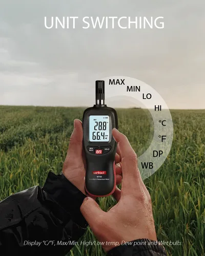 Vista 6 de Wintact Medidor digital de temperatura y humedad, termómetro higrómetro monitor con punto de rocío y temperatura de bombilla húmeda, luz de fondo