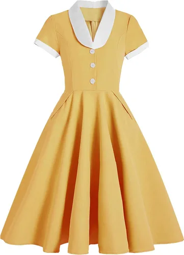 Vista 3 de Vestido vintage de los años 50 y 60 para mujer, vestido de cóctel con cuello de solapa con muesca, Audrey Hepburn Rockabilly vestido de graduación