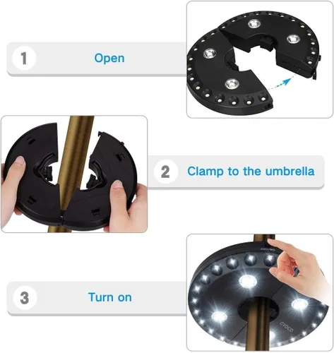 Vista 4 de OYOCO Luz para sombrilla de patio, 3 modos de brillo, inalámbrica, 28 luces LED a 200 lúmenes, 4 pilas AA, luz de poste para sombrilla de patio