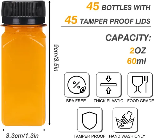 Vista 2 de TOMNK 45 botellas de plástico de 2 onzas con tapas, botellas de chupito de jengibre, recipientes reutilizables transparentes a granel para inyección