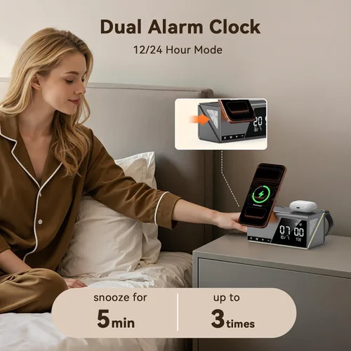 Vista 3 de TobenONE Estación de Carga Inalámbrica de Alarma 6 en 1 para Dispositivos Apple, Luz Nocturna, Mesita de Noche, Cargador Magnético MagSafe