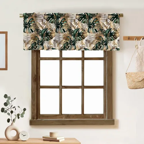 Vista 16 de Cortina de cenefa de hojas verdes tropicales, diseño de hojas de palmera, cenefa con bolsillo para barra, 1 panel, cortinas cortas para cocina