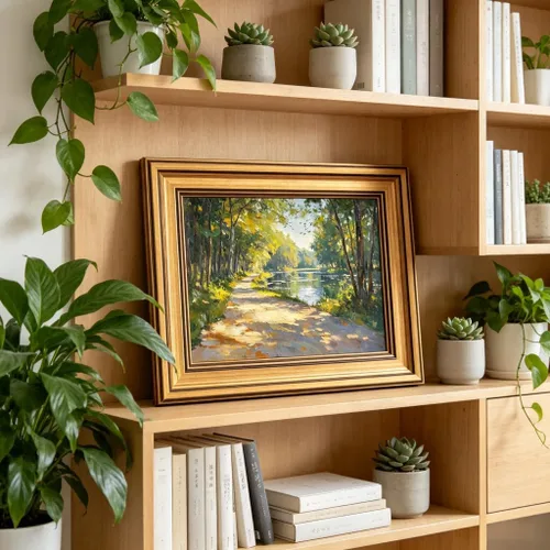 Vista 3 de Lienzo enmarcado en oro, bosque de sol, arte de pared, textura 3D, impresionista, paisaje, decoración, imagen, primavera, verano, naturaleza