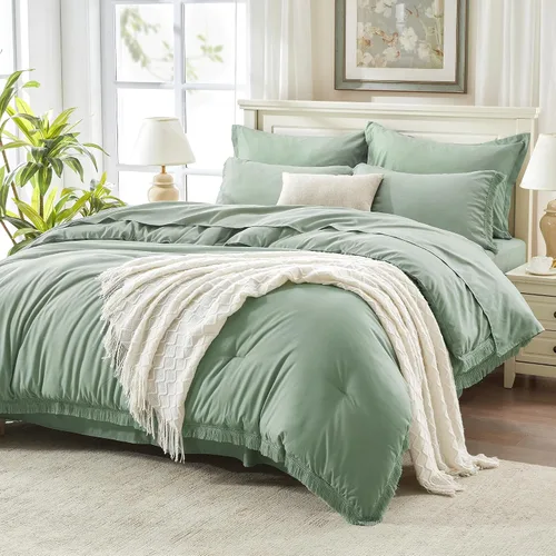 Vista 23 de Andency Juego de ropa de cama con edredón tamaño matrimonial beige con sábanas - 7 piezas, estilo bohemio con borlas, ropa de cama ligera en una 01