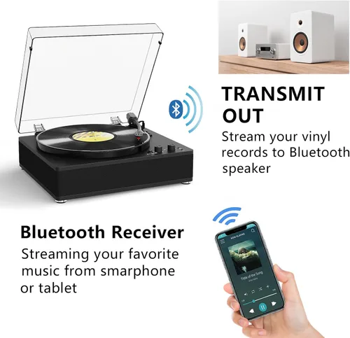 Vista 2 de Reproductor de discos de vinilo con transmisor inalámbrico de entrada/salida Bluetooth, placa de tamaño completo, tocadiscos de 3 velocidades