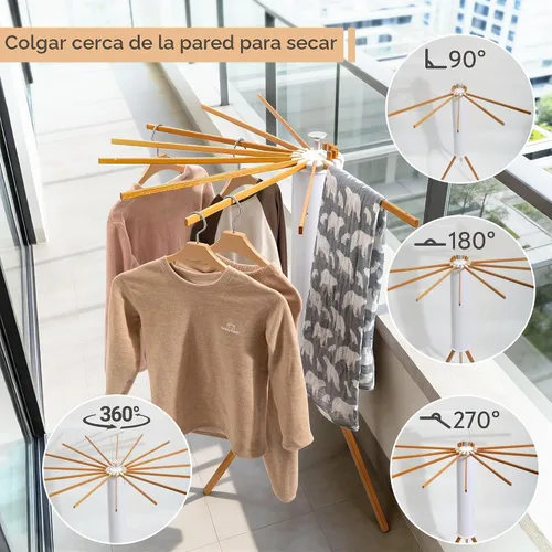 Vista 5 de ZOFGENOW Estante de secado de ropa, soporte plegable giratorio con 16 brazos, color blanco