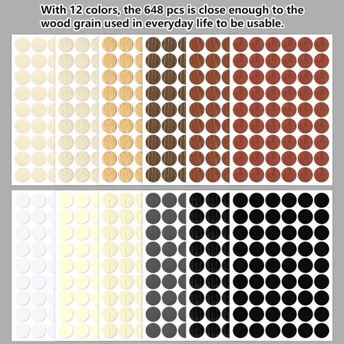 Vista 6 de 648 piezas de 12 colores autoadhesivos para agujeros de tornillo, calcomanías de PVC a prueba de polvo para muebles de madera, gabinete, pared