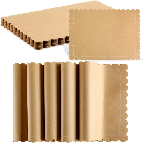 Vista 11 de 100 manteles individuales desechables de papel kraft marrón, rectangular, rústico, estampado, festoneado, marrón, para bodas, aniversarios, fiestas