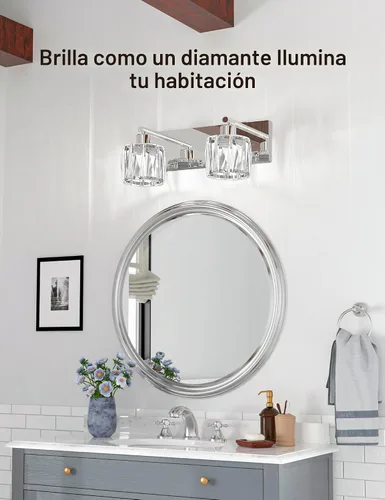Vista 2 de VOLISUN Luces de Tocador de Cristal - 2 Luces Modernas de Acero Inoxidable para Baño Sobre Espejo, Acabado Cromado - Certificado UL