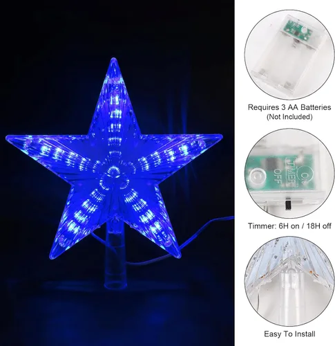 Vista 3 de DERAYEE Adorno para Árbol de Navidad, Adorno de 22.86 cm con Estrella Iluminada, Funciona con Pilas, Adorno para la Parte Superior del Árbol