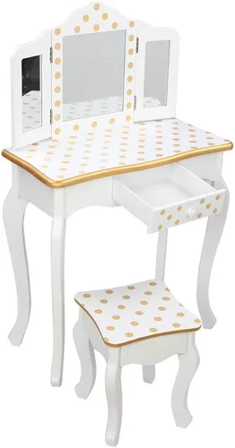Vista 7 de ShyneeMakeup - Juego de tocador de madera de princesa con taburete acolchado, cajón, patas de madera y espejo, juego de maquillaje para niñas