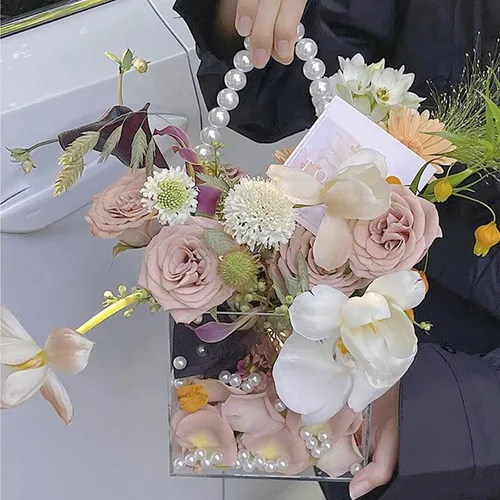 Vista 2 de Cesta de flores para niña, cesta de boda, cesta de pétalos con cinta de acrílico para confeti (perla)