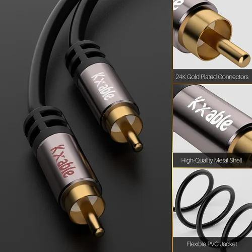 Vista 2 de Cable RCA de 4 pies, 2RCA macho a 2RCA macho cables de audio estéreo, analógico digital blindado dual, cable de subwoofer RCA de 2 RCA para cine