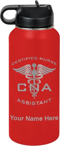 Vista 31 de LaserGram Botella de agua personalizada, asistente de enfermería certificada por la CNA, acero inoxidable de doble pared aislada al vacío con popote