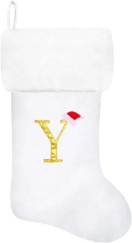 Vista 129 de Calcetines de Navidad bordados de 20 pulgadas con monograma, terciopelo negro con puño de felpa blanca supersuave, adornos clásicos para decoración